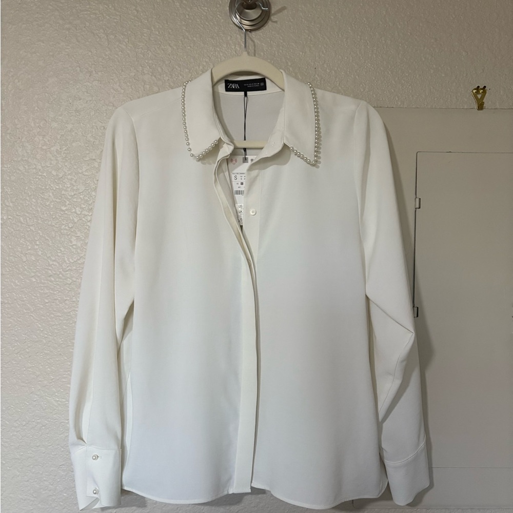 Zara Cream Shirt with Pearl Collar